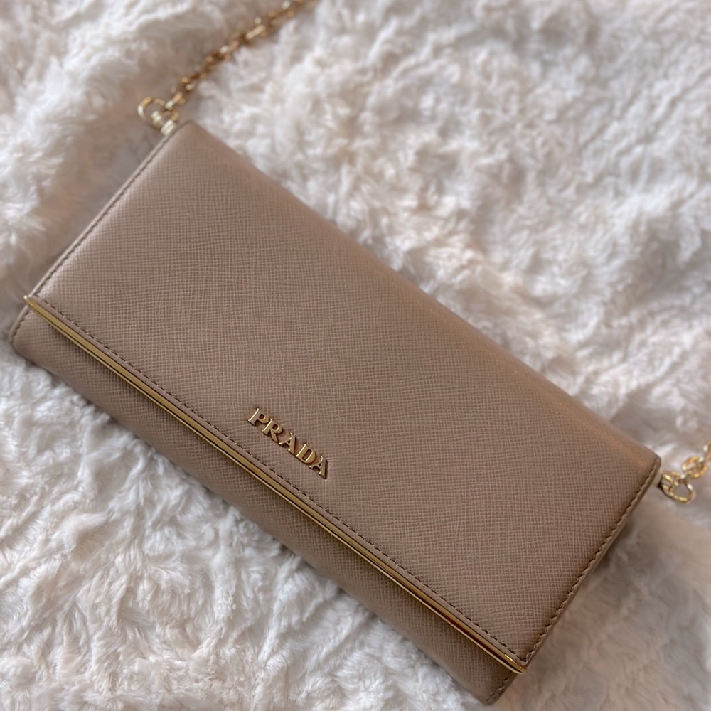 PRADA Saffiano Metal Bar Wallet on Chain Cammeo